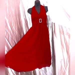 Jonathan Martin 100% silk blood red backless halter dress w rhinestone buckle 14